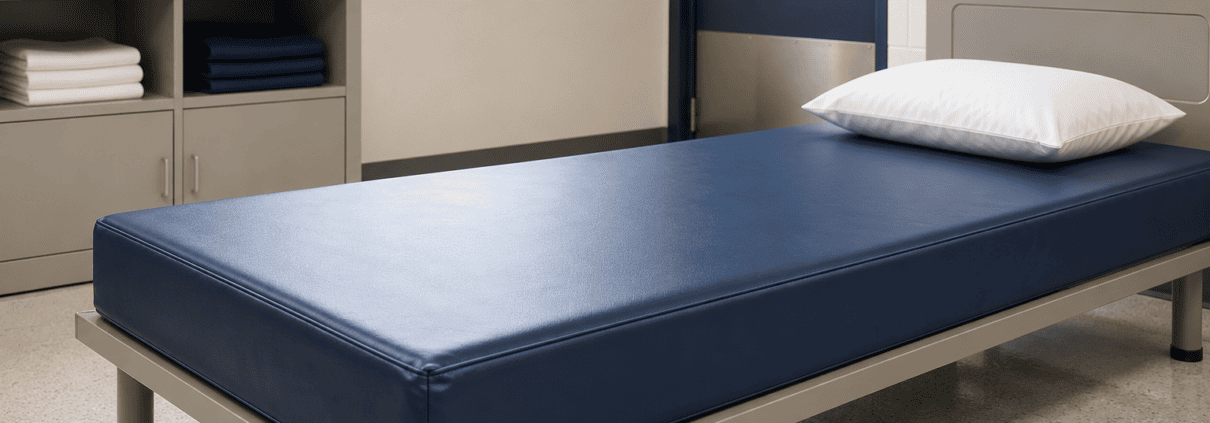 Vinyl waterproof mattress on a low-profile institutional bed in a clean healthcare facility room with folded linens and storage cabinets.