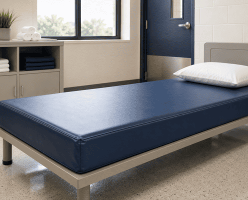 Vinyl waterproof mattress on a low-profile institutional bed in a clean healthcare facility room with folded linens and storage cabinets.